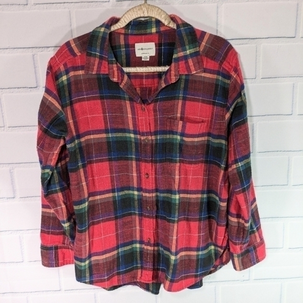 AEO Red Plaid Boyfriend Fit Cotton Flannel Shirt